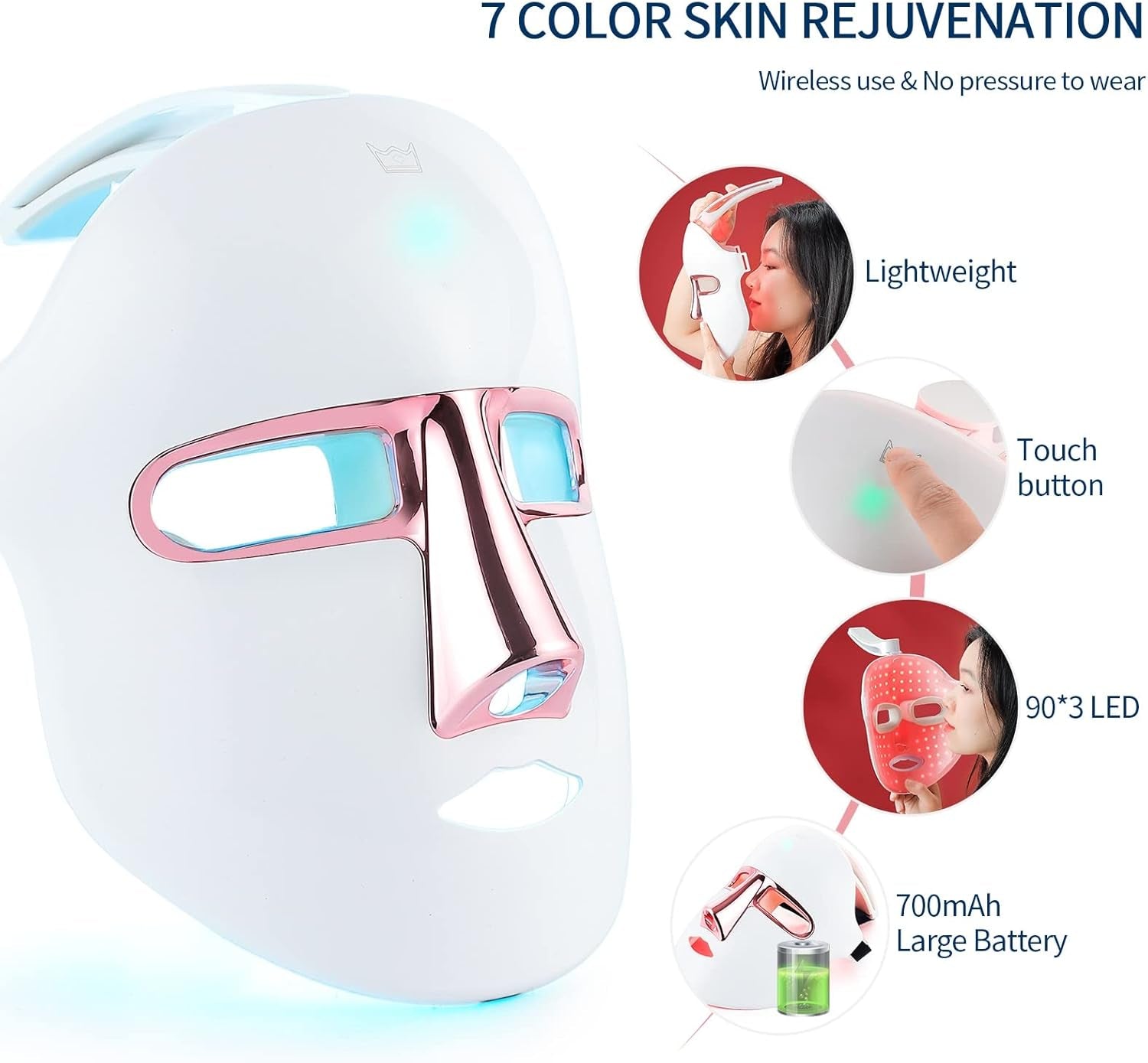 Masque De Beauté Sans Fil, Masque Lumineux 7 Couleurs Avec 270 Perles, Masque Lumineux Rechargeable Pour La Beauté Du Visage