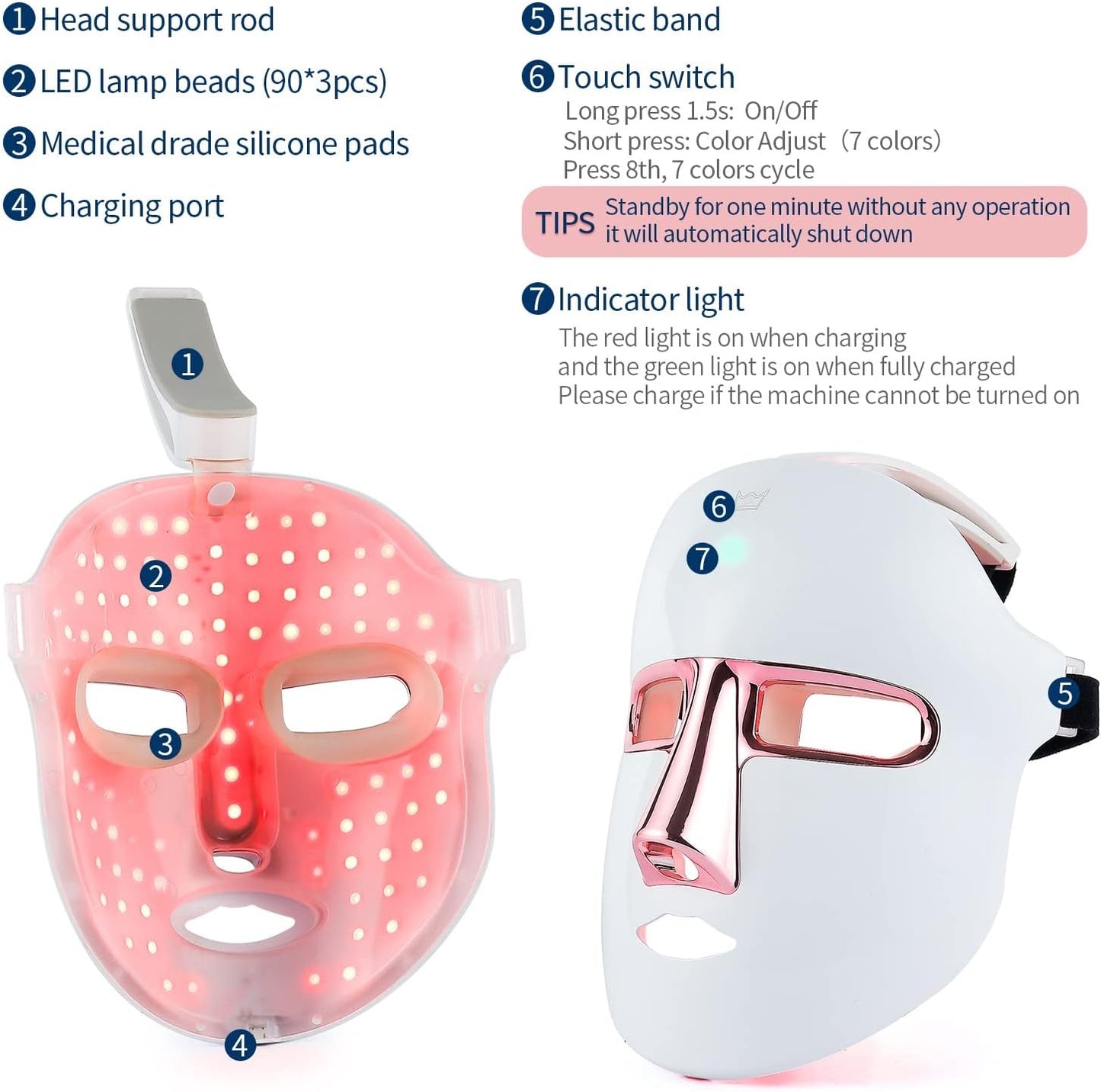 Masque De Beauté Sans Fil, Masque Lumineux 7 Couleurs Avec 270 Perles, Masque Lumineux Rechargeable Pour La Beauté Du Visage